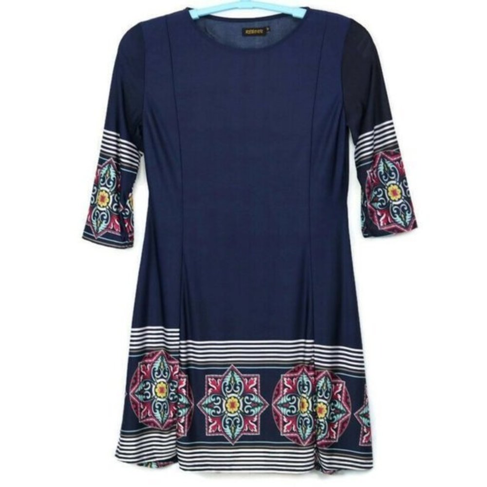 Reborn Dress Blue 3/4‎ Sleeve Stretch Boho M Medium
